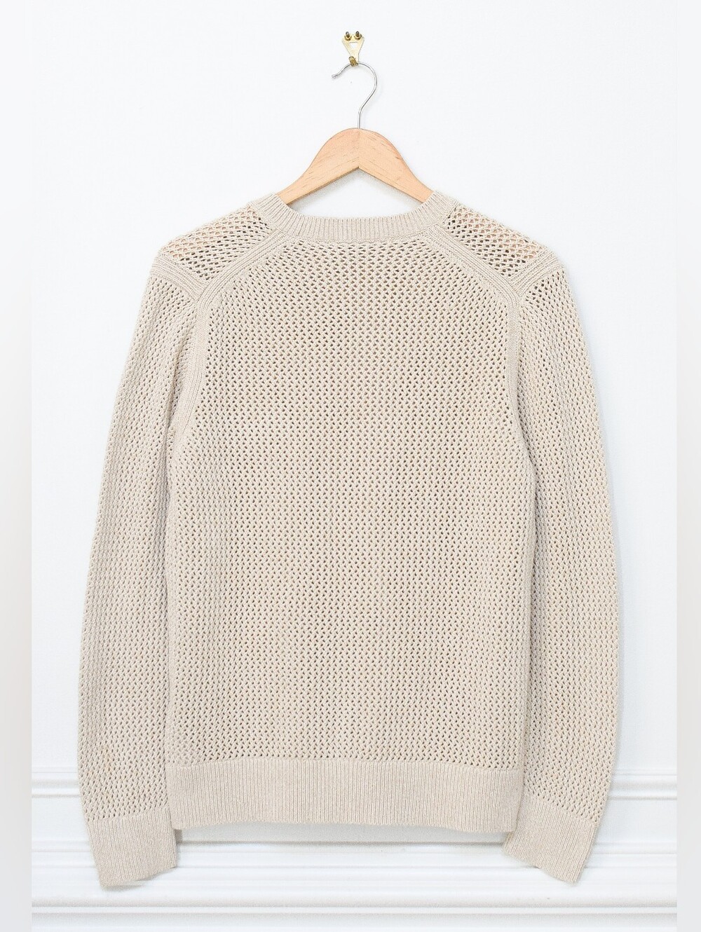 Everlane Mesh Soft Cotton Crew Neck Sweater Tan Beige Open Knit Size L Fisherman - Picture 9 of 10
